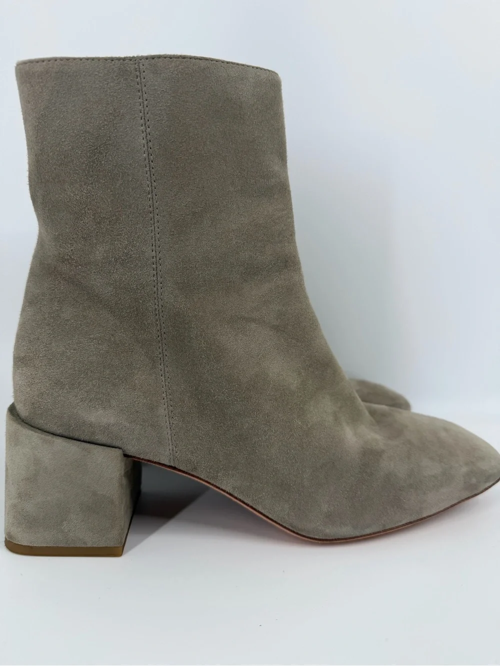 Vince, Suede Kaye Block Heel Ankle Boot in Taupe Gray, Size 8